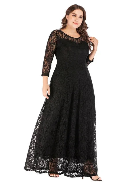 Plus Elegant Lace Maxi Evening Dress three Quarter Sleeve Black - HER Plus Size by Ench