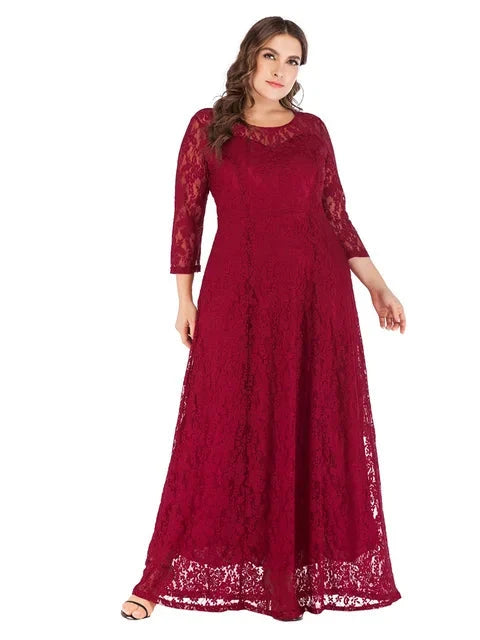 Plus Elegant Lace Maxi Evening Dress three Quarter Sleeve Wine Red - HER Plus Size by Ench