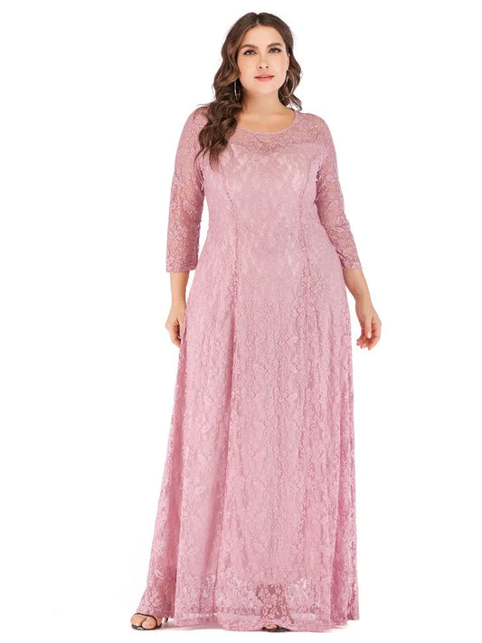 Plus Elegant Lace Maxi Evening Dress three Quarter Sleeve Pink - HER Plus Size by Ench