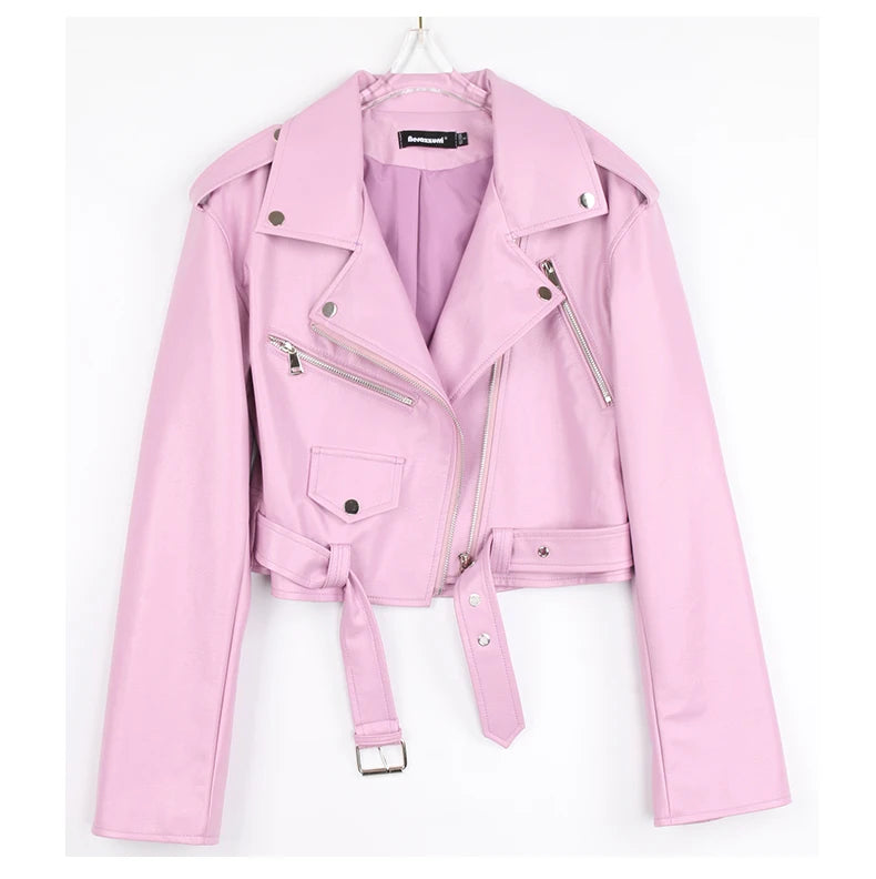 Plus Spring Faux Leather Biker Jacket Zipper Pockets Epaulet Belt Pink - HER Plus Size by Ench