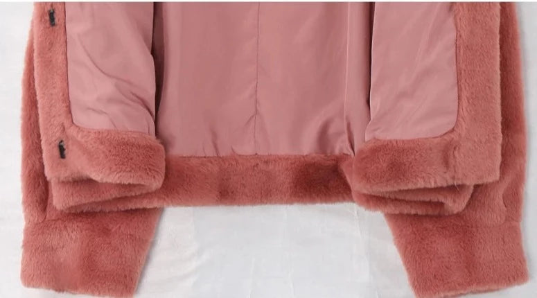 Plus Short Light Soft Faux Fur Jacket Long Sleeve Pockets Blush Beauty - HER Plus Size by Ench