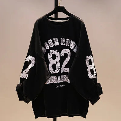 Plus Letter Print Sweatshirt Spring Batwing Sleeve Pullover Cotton Blend Black - HER Plus Size by Ench