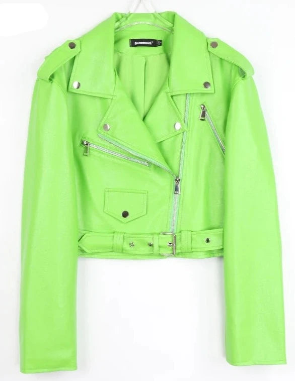 Plus Spring Faux Leather Biker Jacket Zipper Pockets Epaulet Belt Green - HER Plus Size by Ench