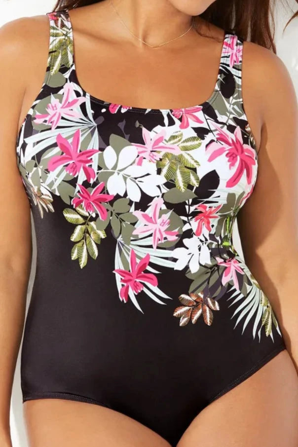 Plus One Piece Swimsuit Pink White Floral on Black - HER Plus Size by Ench