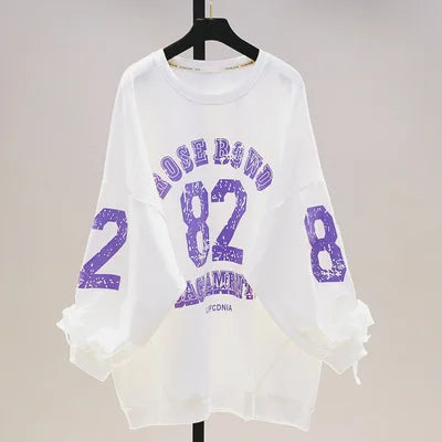 Plus Letter Print Sweatshirt Spring Batwing Sleeve Pullover Cotton Blend White - HER Plus Size by Ench