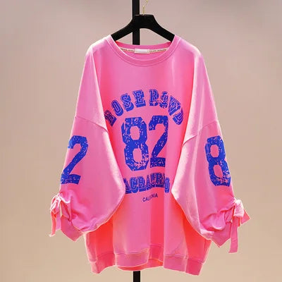 Plus Letter Print Sweatshirt Spring Batwing Sleeve Pullover Cotton Blend Pink - HER Plus Size by Ench