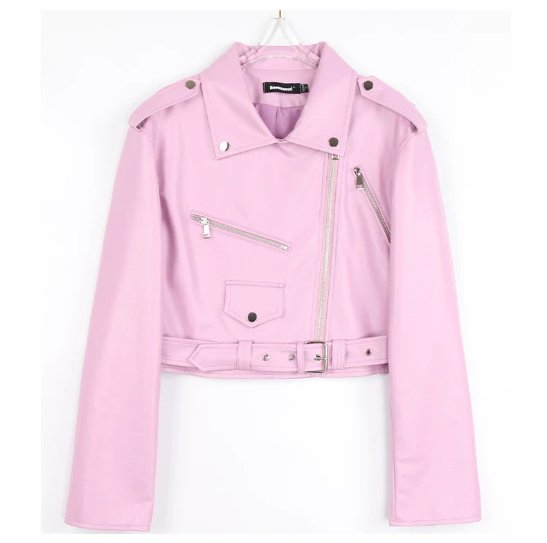 Plus Spring Faux Leather Biker Jacket Zipper Pockets Epaulet Belt Pink - HER Plus Size by Ench