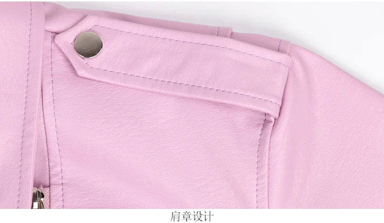 Plus Spring Faux Leather Biker Jacket Zipper Pockets Epaulet Belt Pink - HER Plus Size by Ench