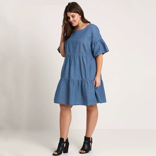 Plus Loose Fit A- line Tiered Blue Denim Bell Sleeves Dress - HER Plus Size by Ench