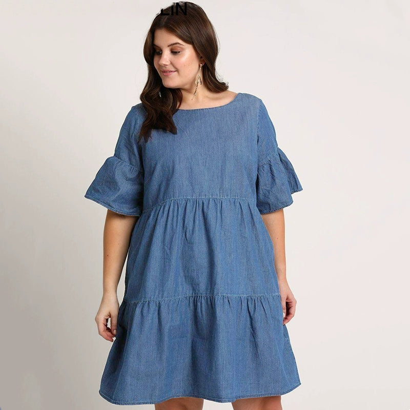 Plus Loose Fit A- line Tiered Blue Denim Bell Sleeves Dress - HER Plus Size by Ench