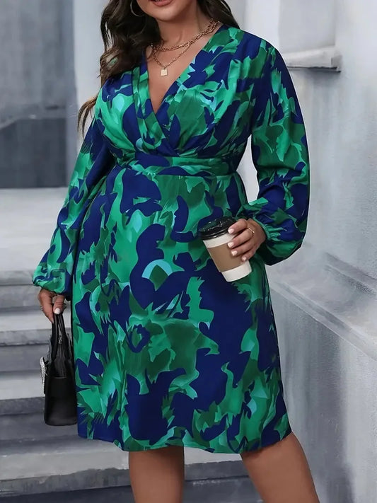 Plus Surplice Neck Autumn Long Sleeve Knee Length Casual Officewear Dress Blue Green - HER Plus Size by Ench