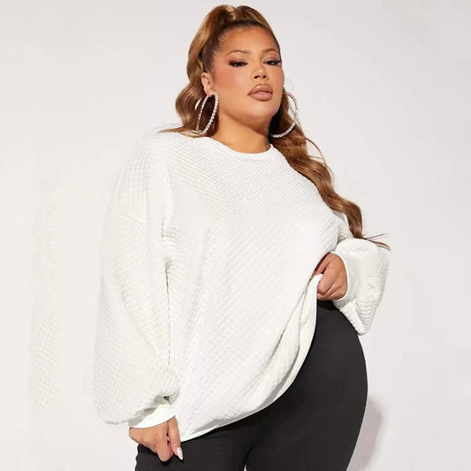 Plus Solid Long Sleeve Loose White Sweatshirt Crew Neck - HER Plus Size by Ench
