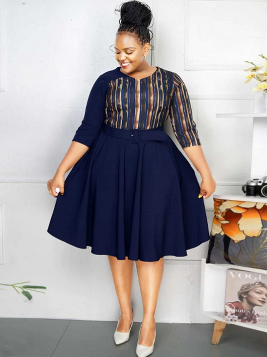 Plus Stripe Print Fit & Flare Belt Knee Length Dress Navy Blue - HER Plus Size by Ench