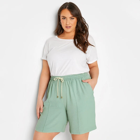 Plus Solid Lightweight Drawstring Elastic Waist Shorts Summer Light Blue Green Side Pockets - HER Plus Size by Ench