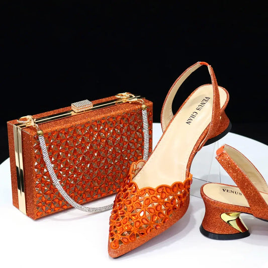 Rhinestone Sling-back Shoes and Clutch Bag Set Pointed Toe Flat Heel Orange - HER Plus Size by Ench