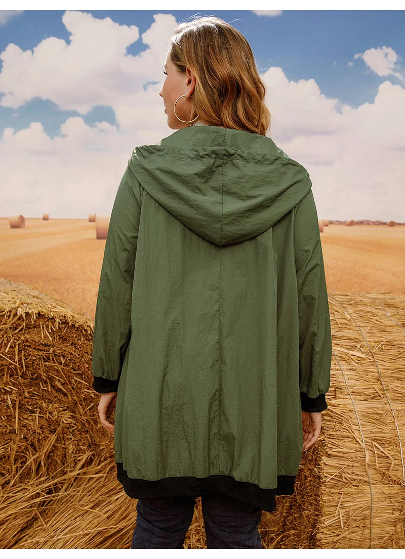 Plus Loose Drawstring Hooded Spring Jacket Windbreaker Long Sleeve Zipper Closure Green - HER Plus Size by Ench