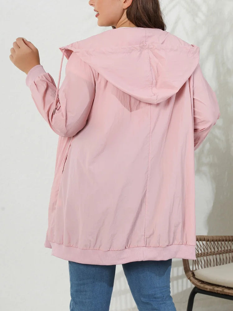 Plus Loose Drawstring Hooded Spring Jacket Windbreaker Long Sleeve Zipper Closure Pink - HER Plus Size by Ench