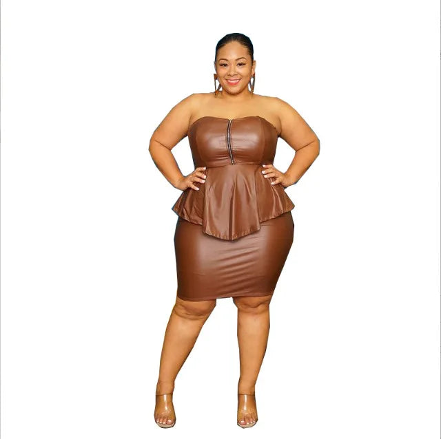 Plus Sleeveless Leather Look Tube Top Skirt Set Khaki - HER Plus Size by Ench