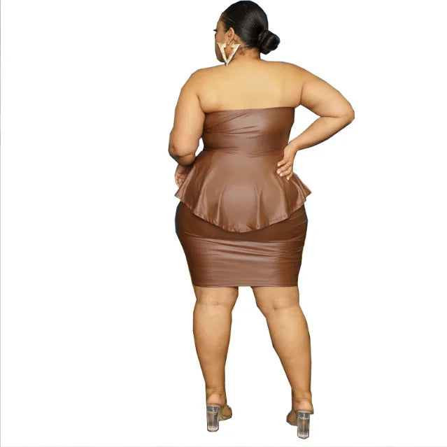 Plus Sleeveless Leather Look Tube Top Skirt Set Khaki - HER Plus Size by Ench