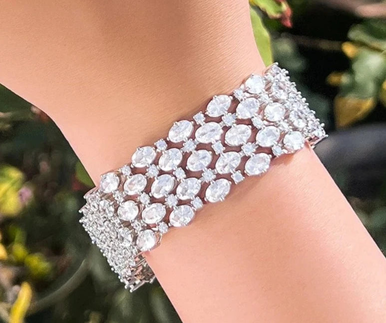 AAA+ Cubic Zirconia Luxury Sparkly Wide Bracelet Silver Color Copper 18cm Length 2cm Width - HER Plus Size by Ench