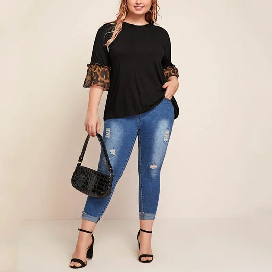 Plus Casual Leopard Print Bell Sleeve Tee Shirt Black - HER Plus Size by Ench