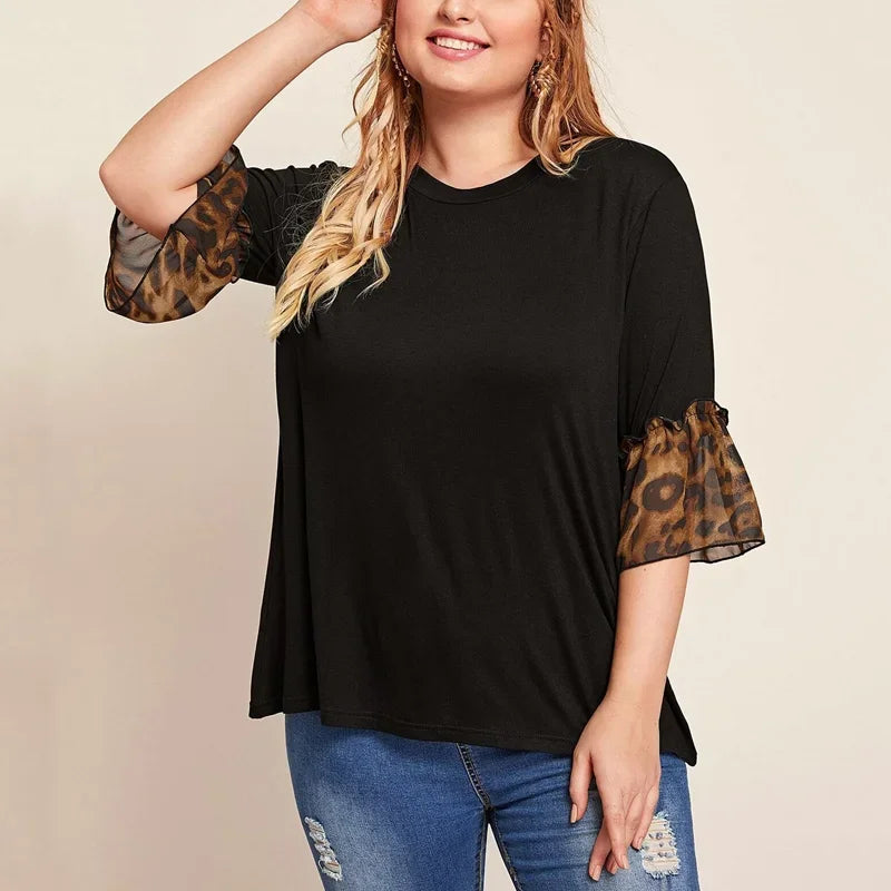Plus Casual Leopard Print Bell Sleeve Tee Shirt Black - HER Plus Size by Ench