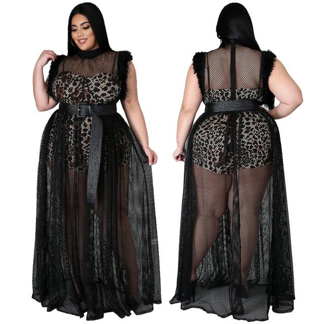 Plus Black/White Mesh Overlay Dress & Romper Set Maxi - HER Plus Size by Ench