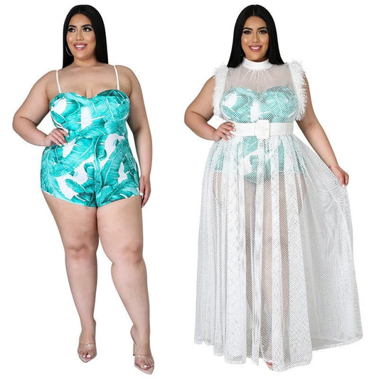 Plus Black/White Mesh Overlay Dress & Romper Set Maxi - HER Plus Size by Ench