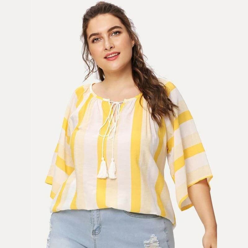 Plus Casual Loose Tunic Yellow Stripe L-5XL - HER Plus Size by Ench