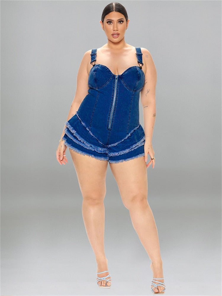 Plus Denim Summer Zip Up Fit and Flared Mini Romper - HER Plus Size by Ench