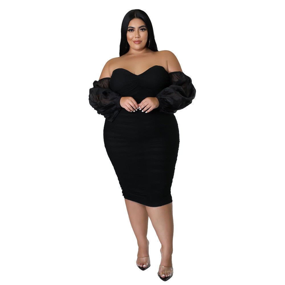 Plus Evening Party Dress Off Shoulder Mesh Sleeve Midi Formal Gown - HER Plus Size by Ench