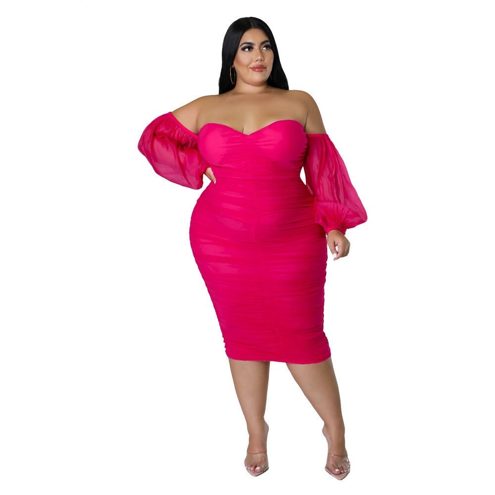 Plus Evening Party Dress Off Shoulder Mesh Sleeve Midi Formal Gown - HER Plus Size by Ench
