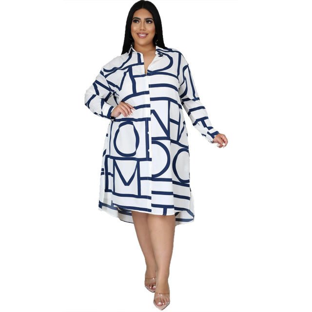Plus Graphic Print Loose Midi Shirt Dress with Long Sleeve - HER Plus Size by Ench