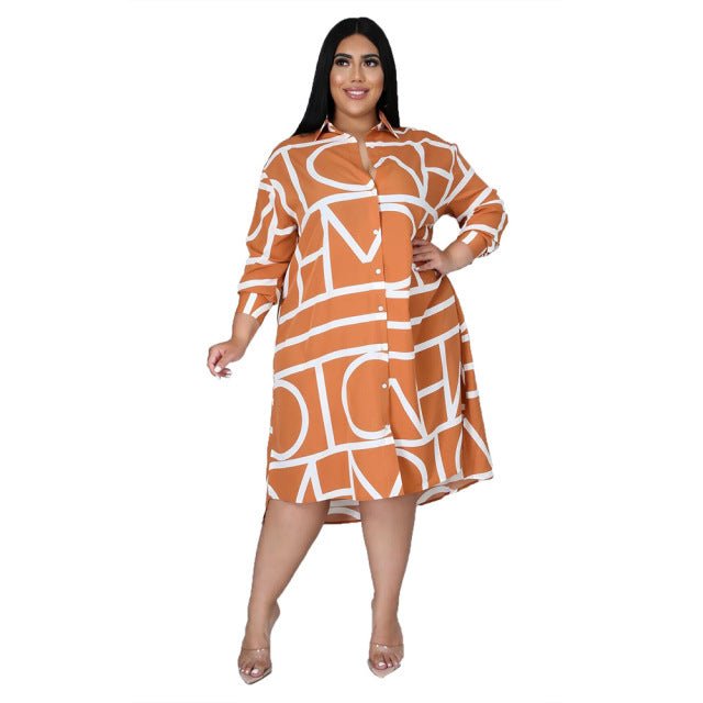 Plus Graphic Print Loose Midi Shirt Dress with Long Sleeve - HER Plus Size by Ench