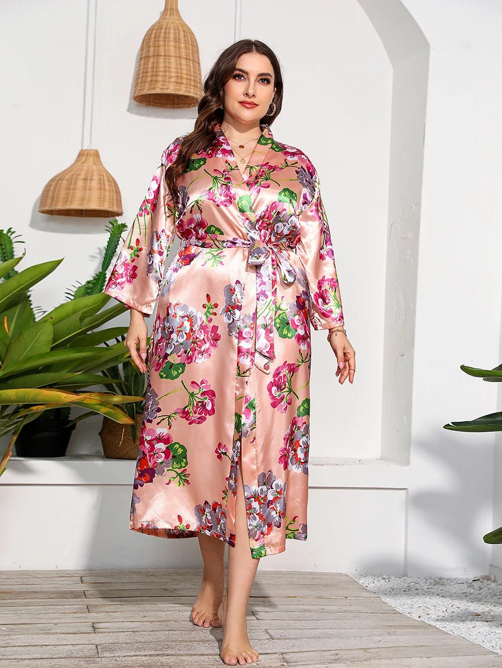 Plus Leopard or Floral Print Satin Kimono Robe - HER Plus Size by Ench