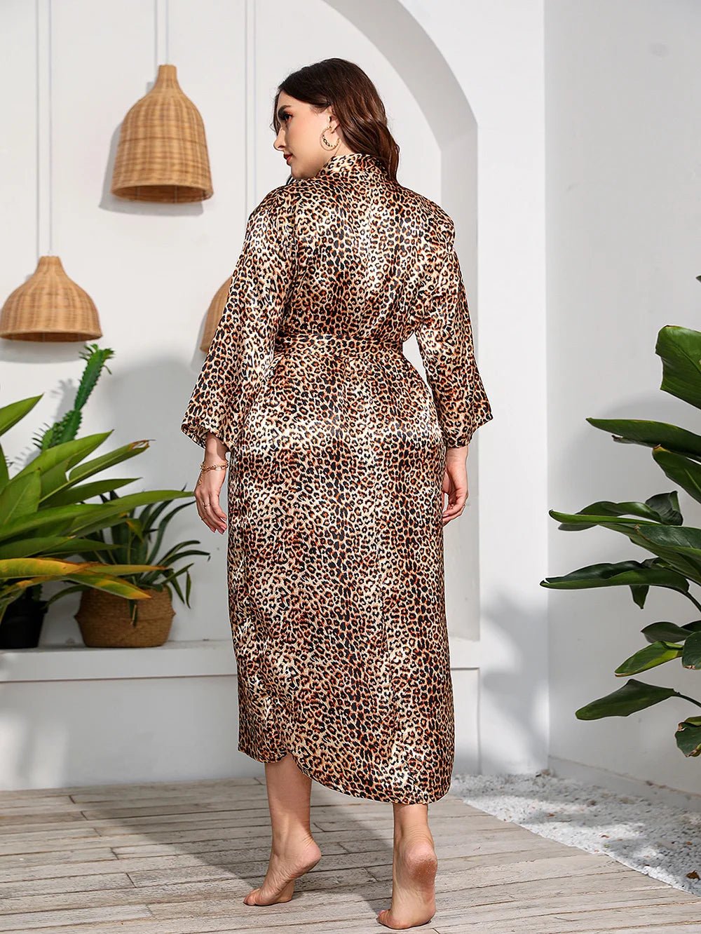 Plus Leopard or Floral Print Satin Kimono Robe - HER Plus Size by Ench