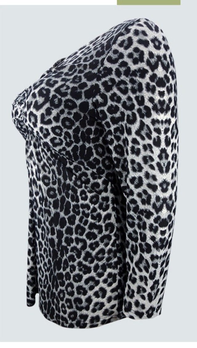 Plus Leopard Print V-Neck Slimming Blouse Top - HER Plus Size by Ench