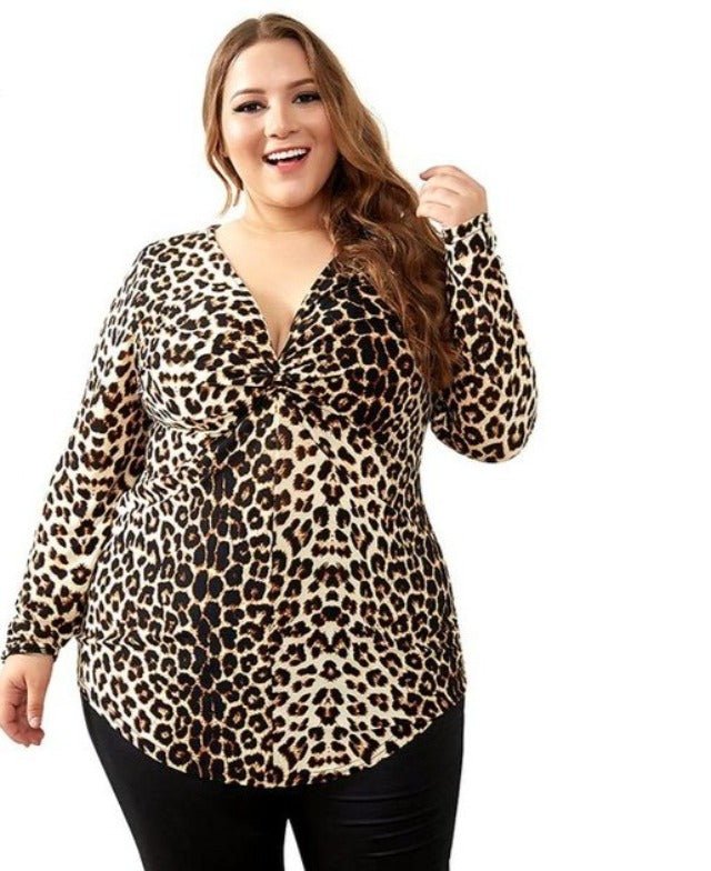 Plus Leopard Print V-Neck Slimming Blouse Top - HER Plus Size by Ench