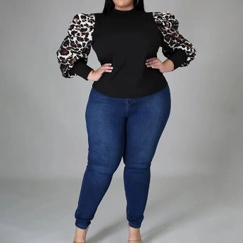 Plus Leopard Striped Print Long Sleeve Top Black - HER Plus Size by Ench