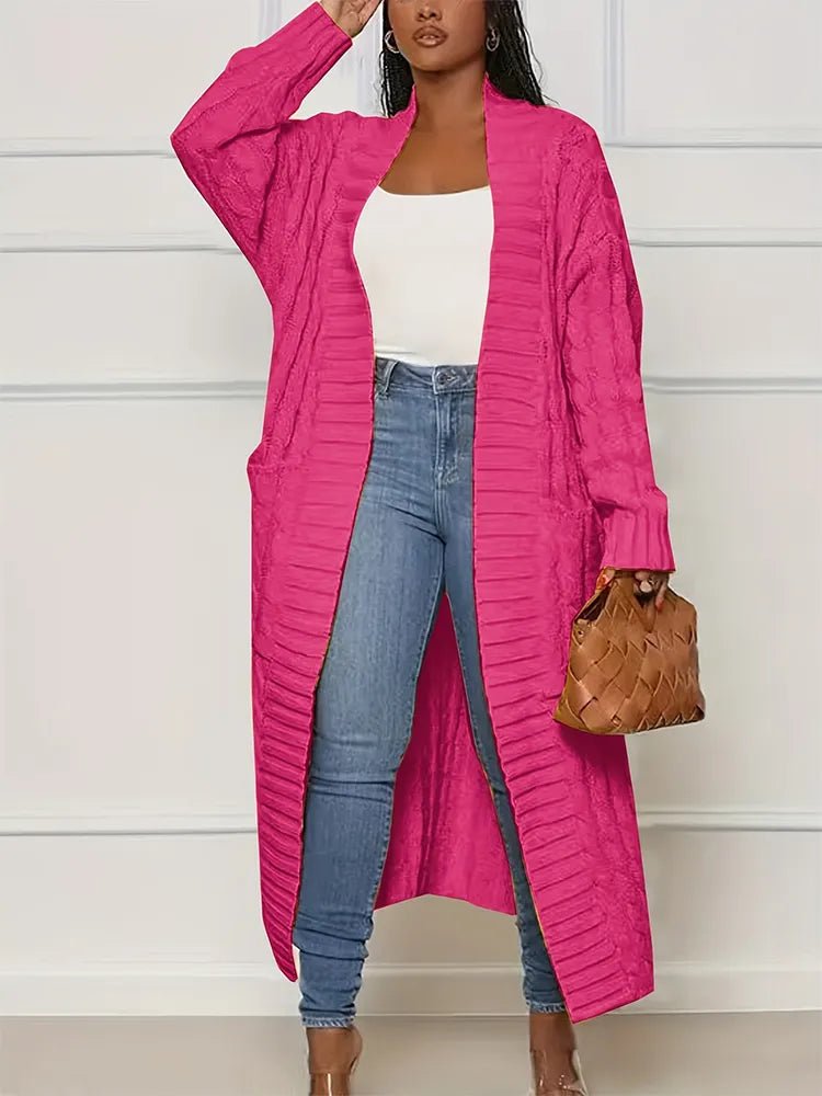 Plus Long Sleeve Chunky Knit Long Cardigan Coat with Pockets - HER Plus Size by Ench