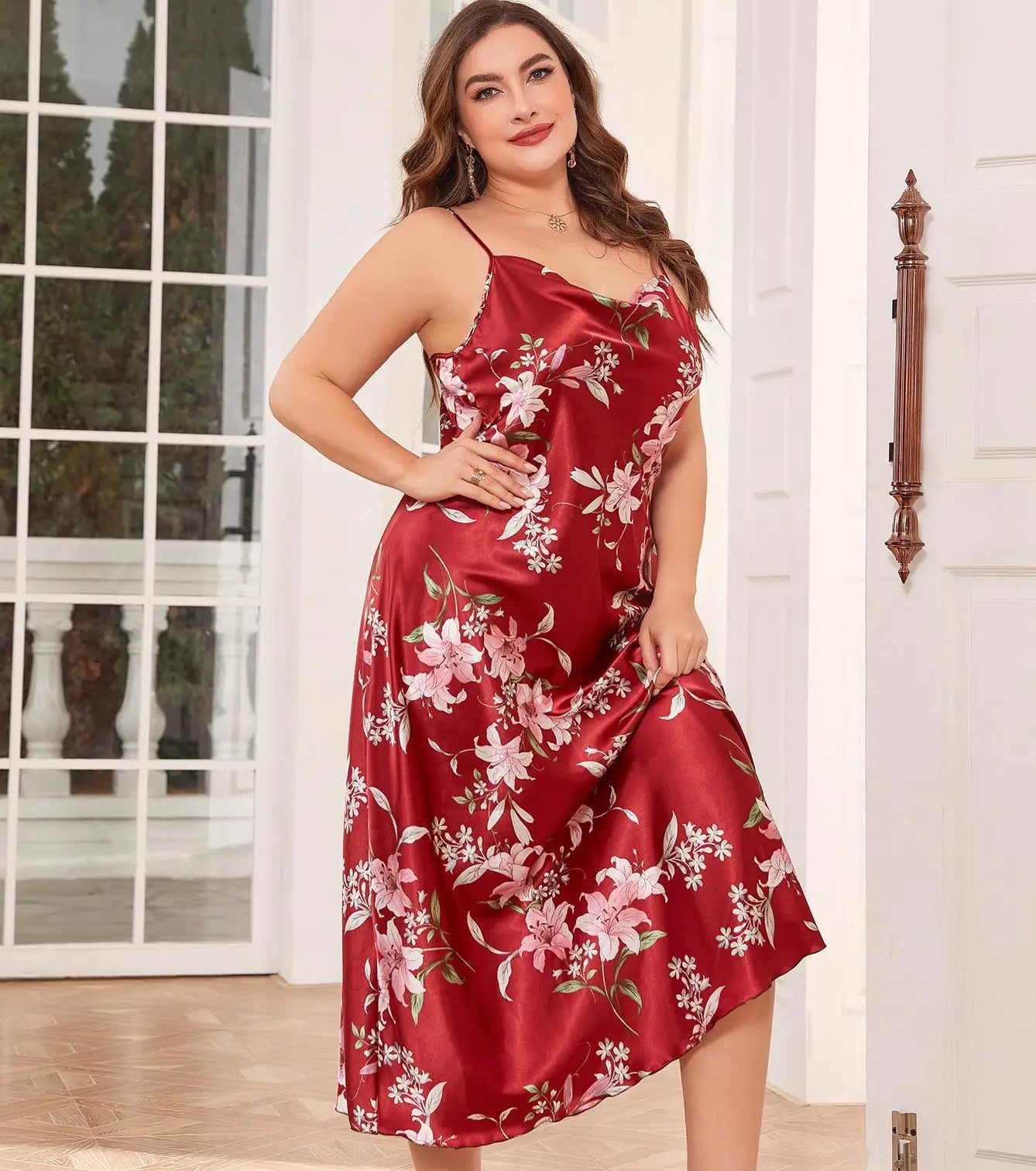 Plus Loose Floral Print Silky Satin Nightdress Nightgown Loungewear - HER Plus Size by Ench