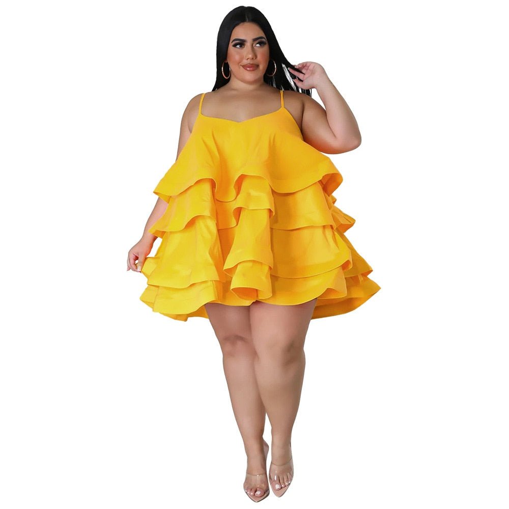 Plus Loose Ruffle Spaghetti Strap Satin Mini Swing Dress - HER Plus Size by Ench