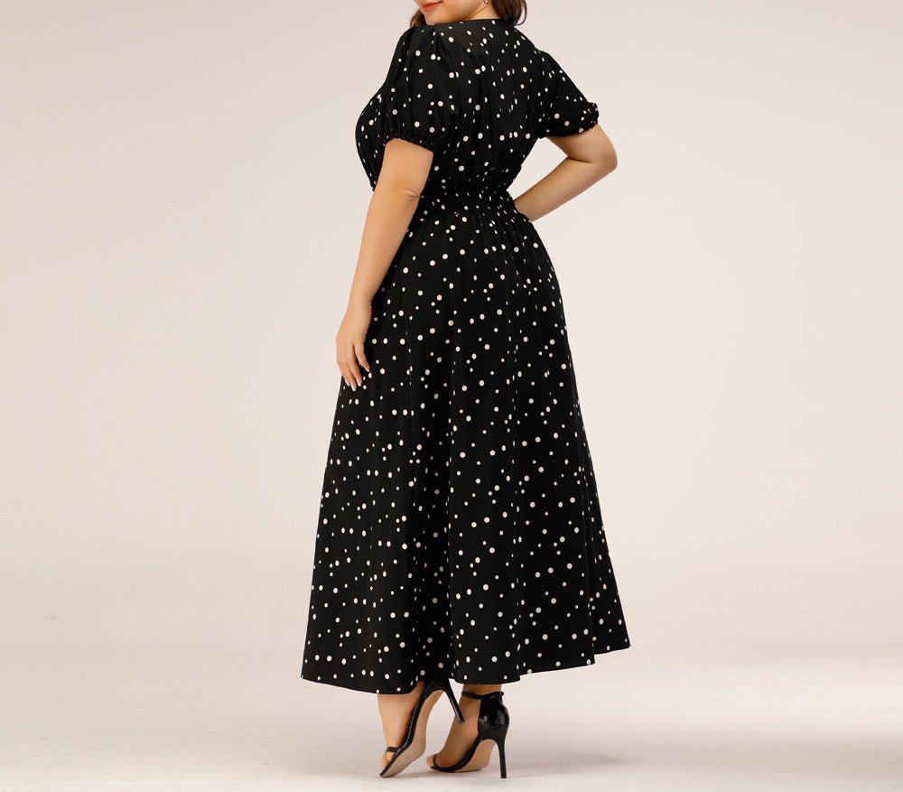 Plus Polka Dot Square Neck A-line Maxi Dress Puff Sleeve Black XL-4XL - HER Plus Size by Ench