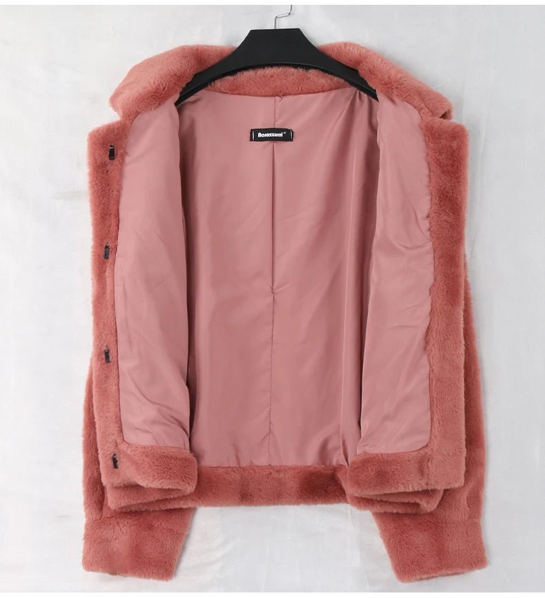 Plus Short Light Soft Faux Fur Jacket Long Sleeve Pockets - HER Plus Size by Ench