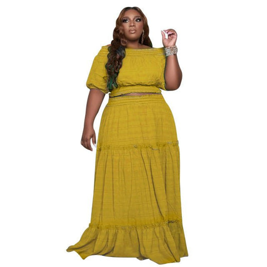 Plus Short Sleeve Crop Top Maxi Skirt Two Piece Set - HER Plus Size by Ench