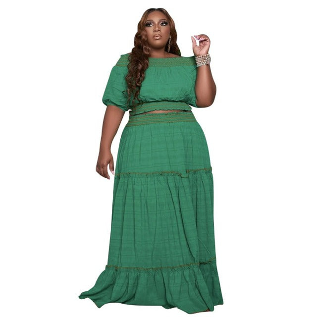 Plus Short Sleeve Crop Top Maxi Skirt Two Piece Set - HER Plus Size by Ench