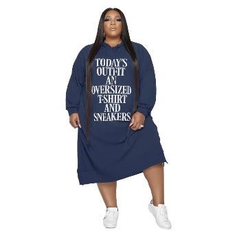 Plus Size Long Hoodie Dress Letter Print Casual Pockets - HER Plus Size by Ench