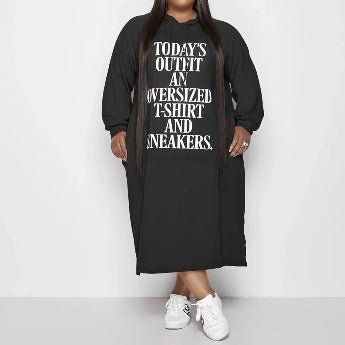 Plus Size Long Hoodie Dress Letter Print Casual Pockets - HER Plus Size by Ench