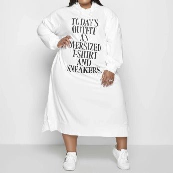 Plus Size Long Hoodie Dress Letter Print Casual Pockets - HER Plus Size by Ench