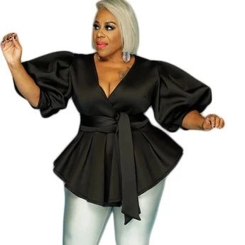 Plus Size Short Lantern Sleeve V Neck Peplum Blouse Top - HER Plus Size by Ench